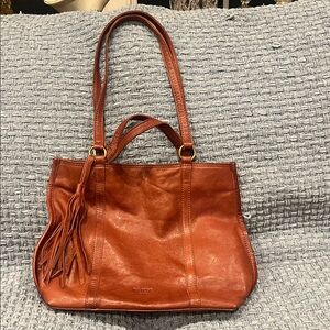 margot Leather Tassel Shoulder Tote in Cognac